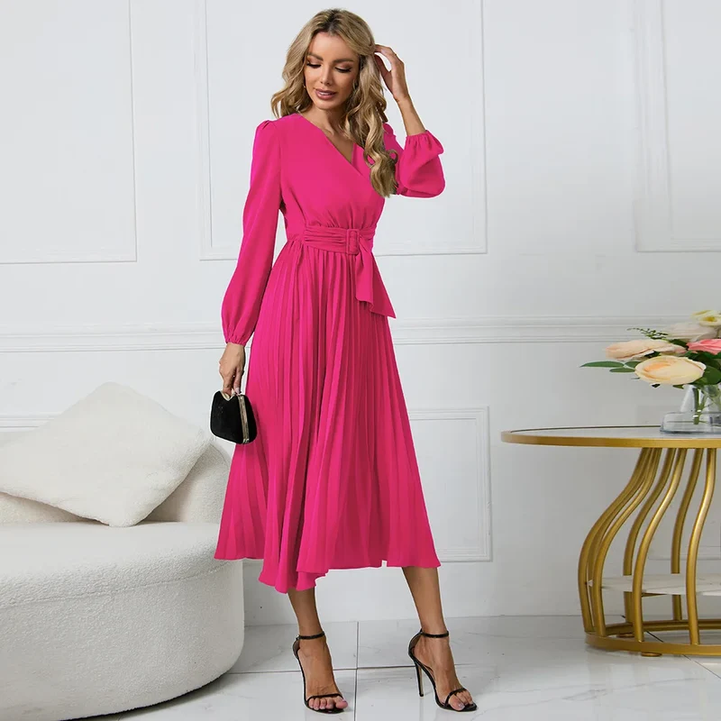 Selmoria Midi Kleid mit V-Ausschnitt und Bindegürtel