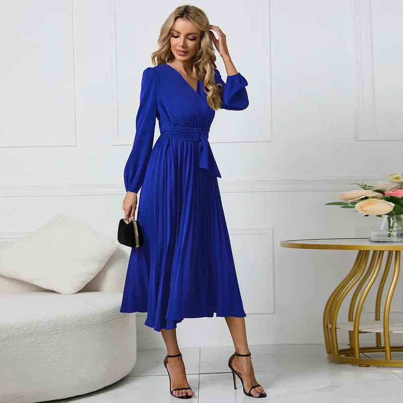 Selmoria Midi Kleid mit V-Ausschnitt und Bindegürtel