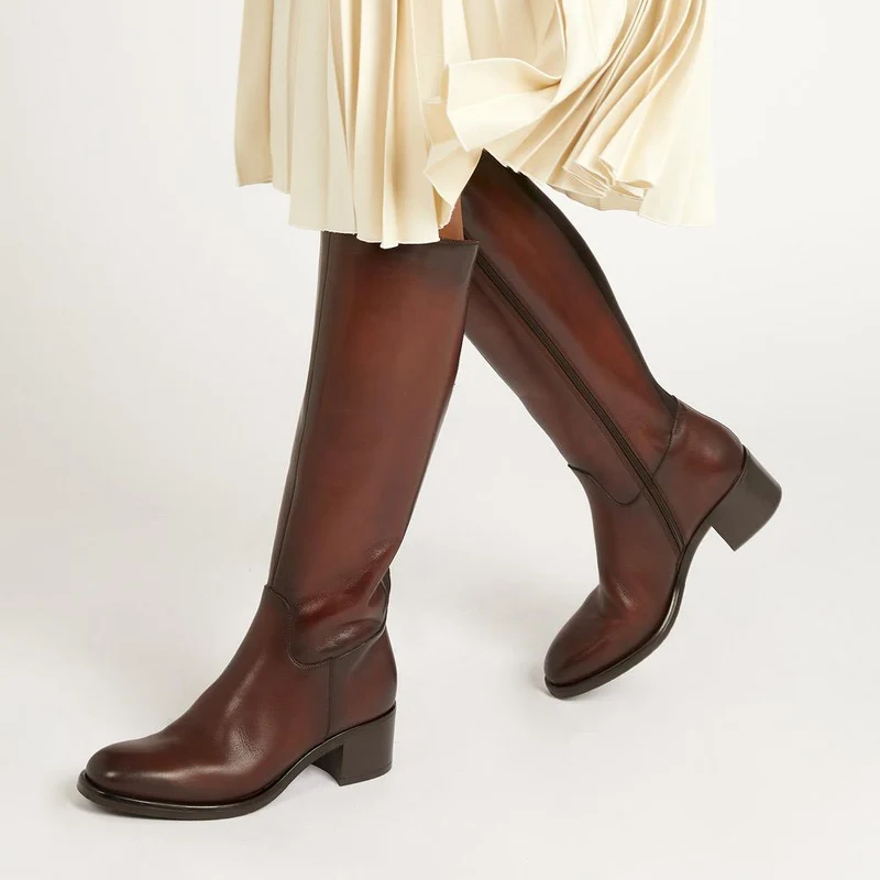 Donatella Knee High Leather Boots - DONATELLA / 322 367 - Brown