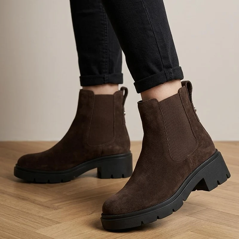 Kaiya Chunky Leather Chelsea Boots - KAIYA / 328 084 - Chocolate Suede