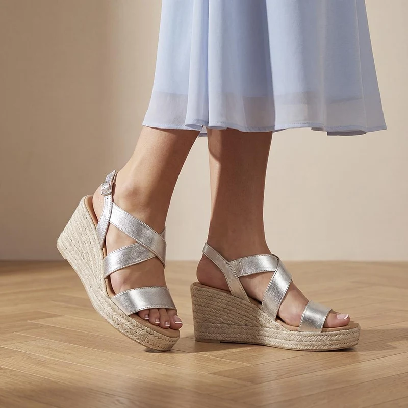 Romilly Leather Wedge Heeled Espadrilles - ROMILLY / 329 085 - Silver