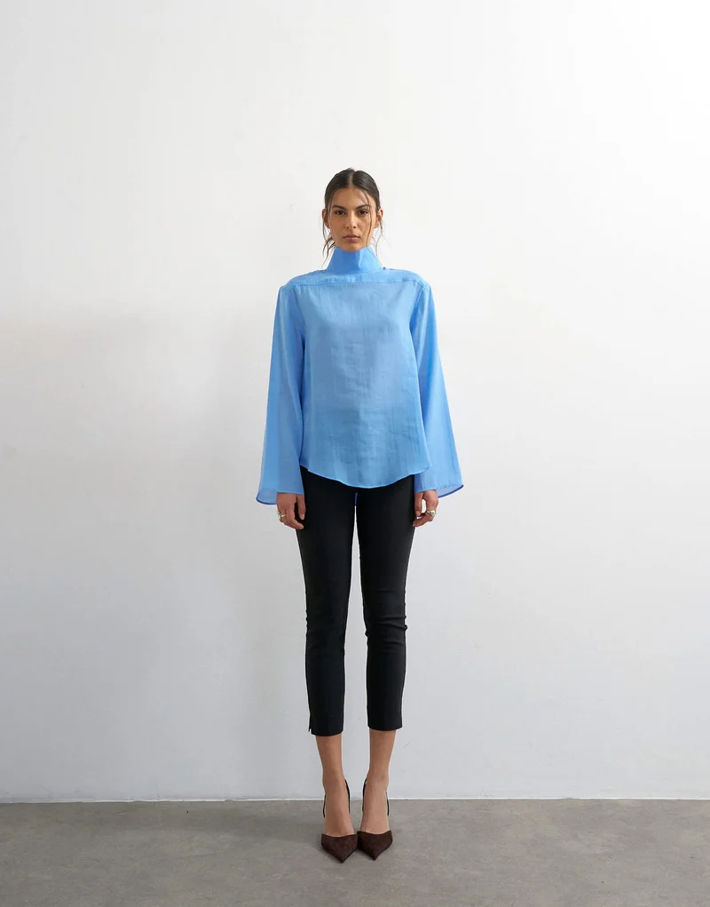 Topshop funnel neck backwards long sleeve shirt in cornflour blue