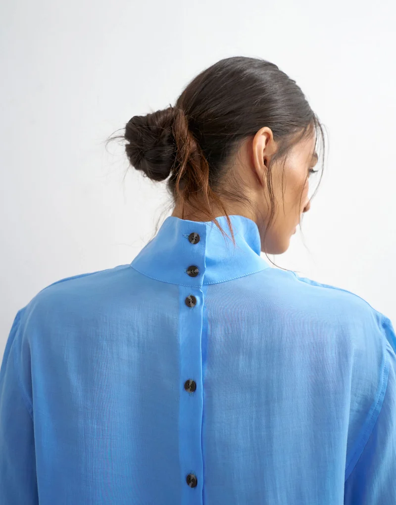 Topshop funnel neck backwards long sleeve shirt in cornflour blue