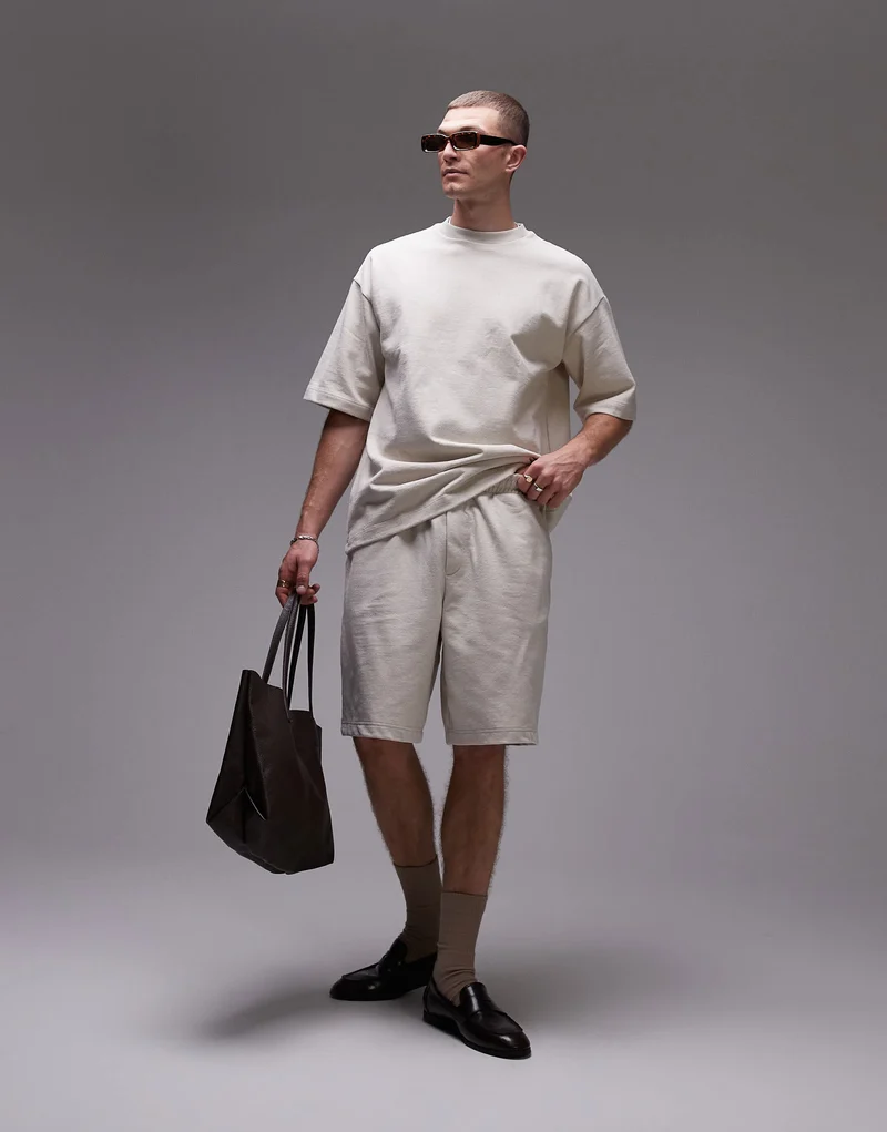 Topman oversized fit linen blend short in stone