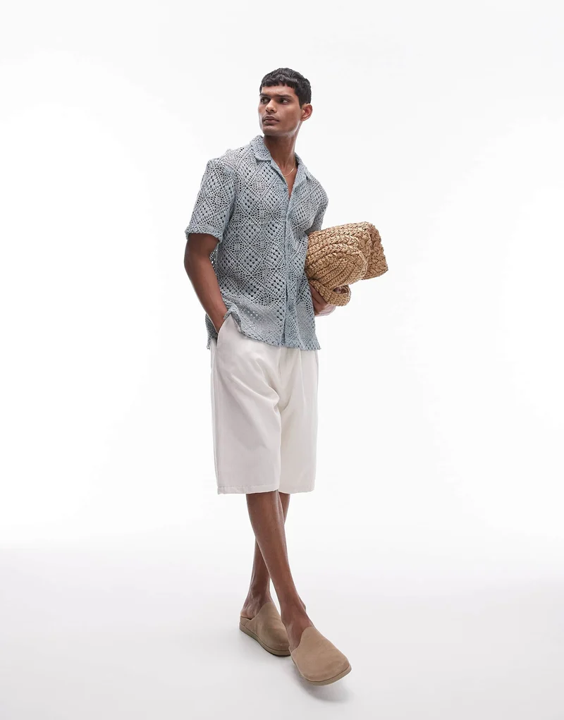 Topman short sleeve grid crochet shirt in blue