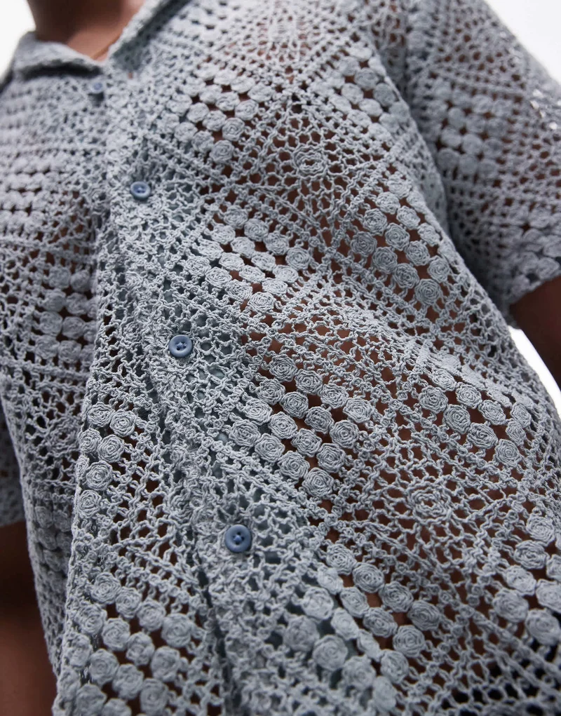 Topman short sleeve grid crochet shirt in blue