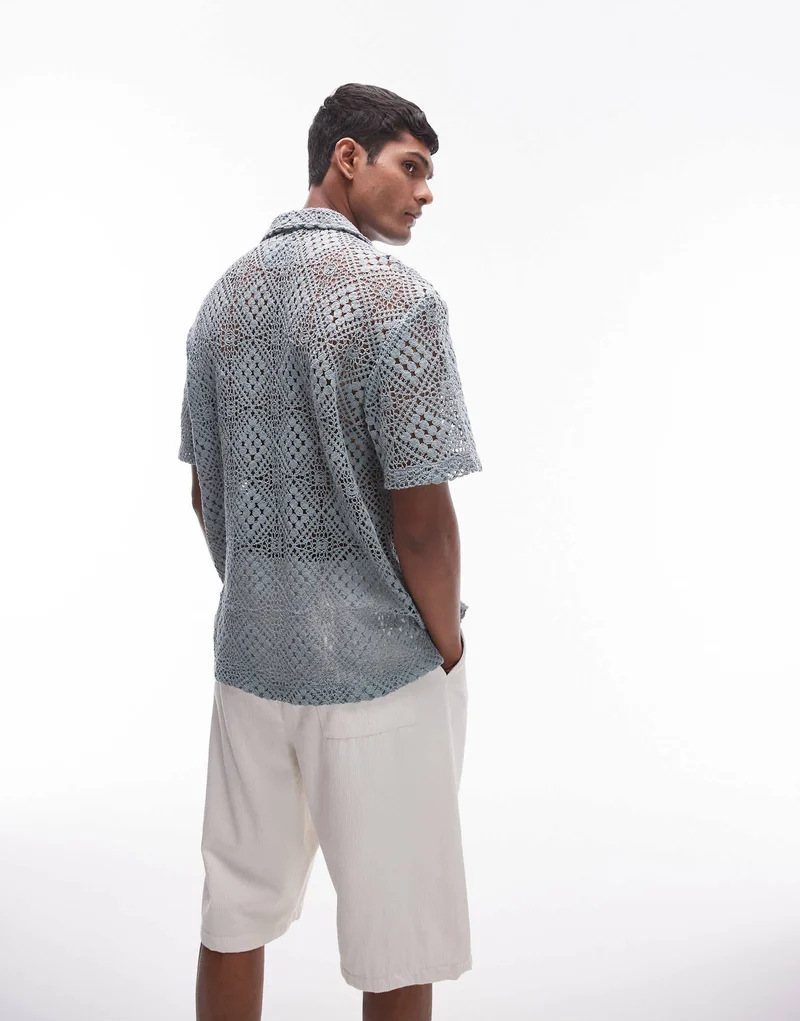 Topman short sleeve grid crochet shirt in blue