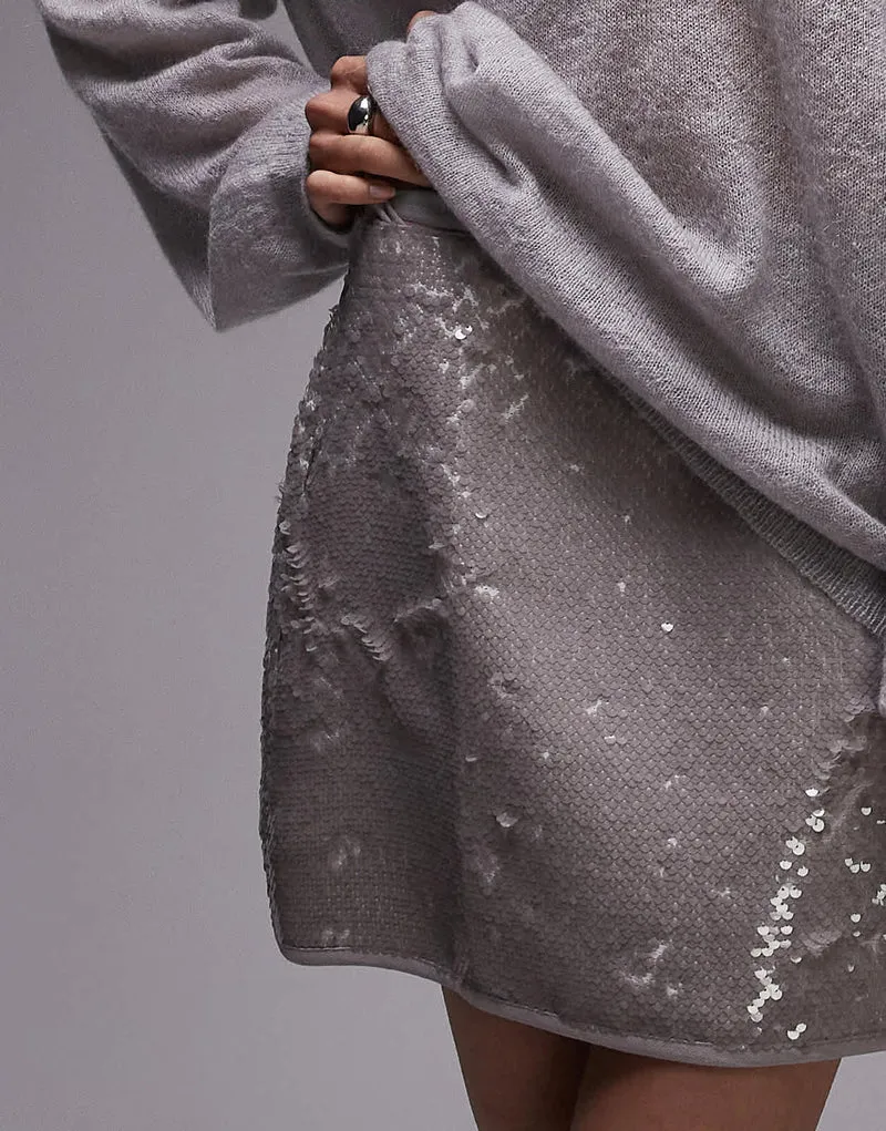 Topshop sequin micro mini in silver grey