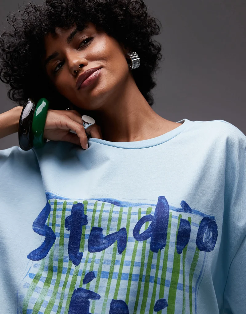 Topshop jersey graphic scarf print oversized top in light blue