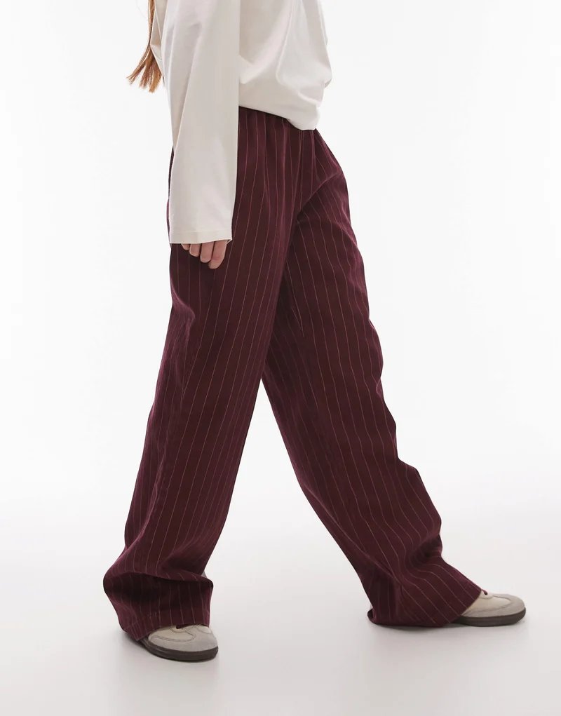 Topshop pull on straight leg striped trouser in burgundy