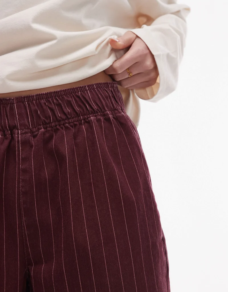 Topshop pull on straight leg striped trouser in burgundy