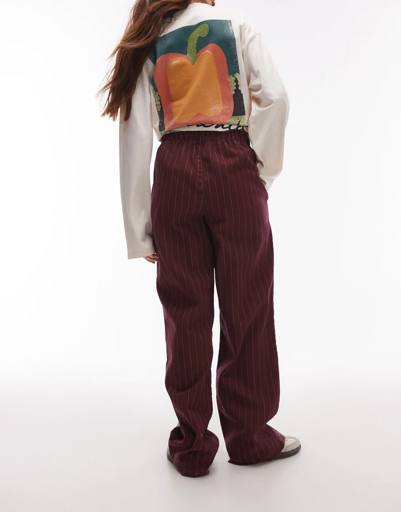 Topshop pull on straight leg striped trouser in burgundy
