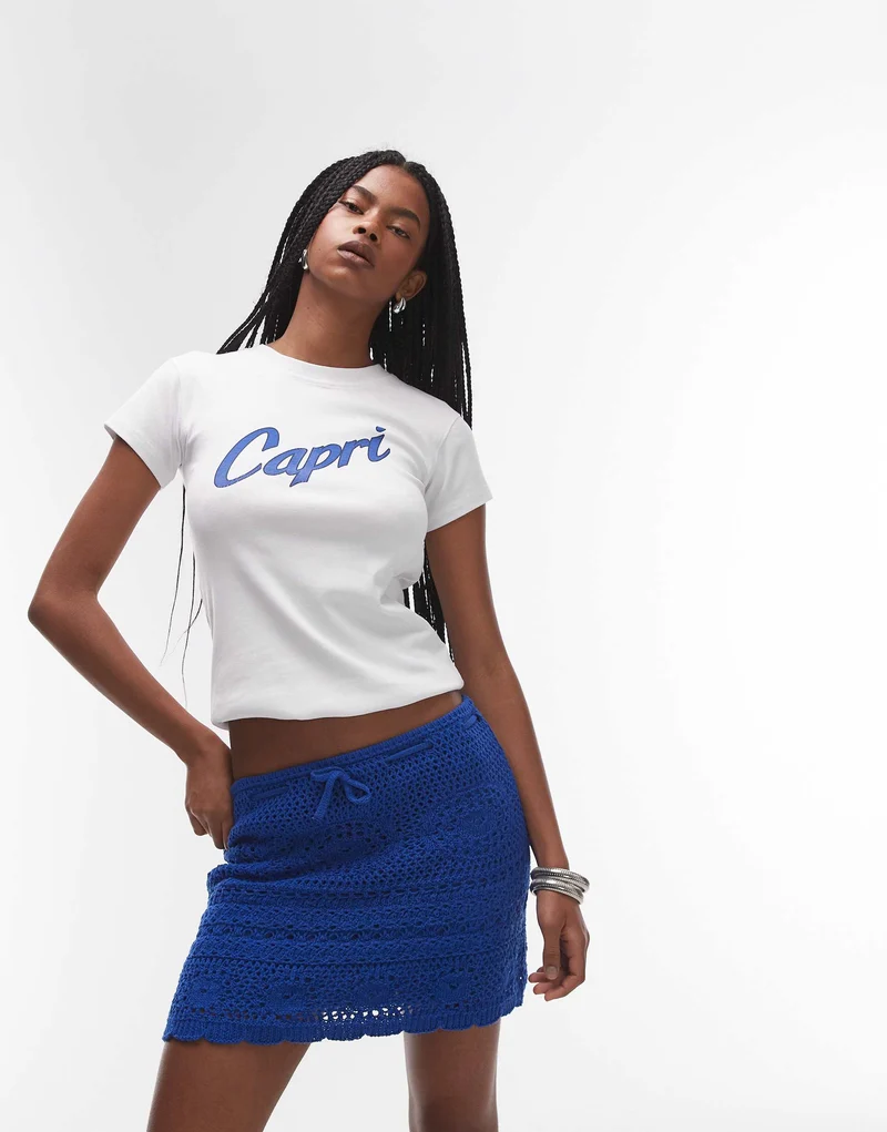 Topshop knitted crochet rara mini skirt in cobalt blue