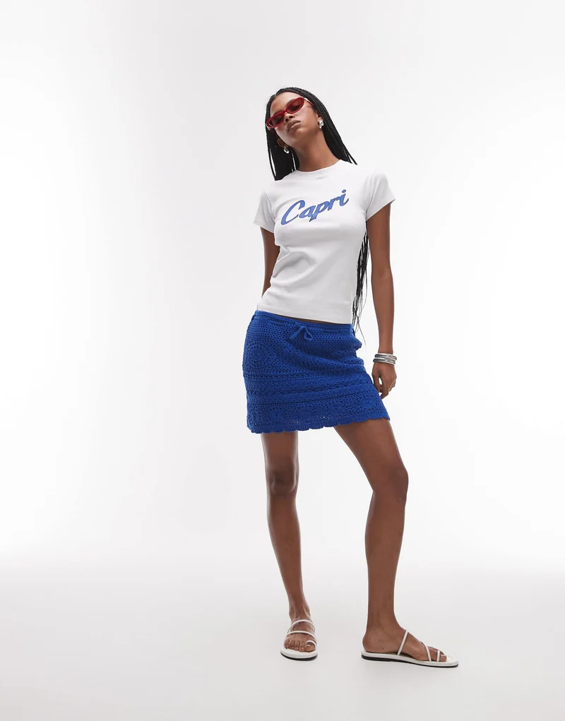 Topshop knitted crochet rara mini skirt in cobalt blue