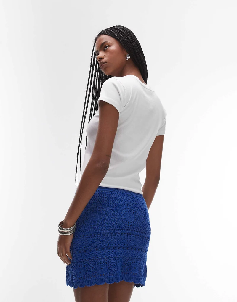 Topshop knitted crochet rara mini skirt in cobalt blue