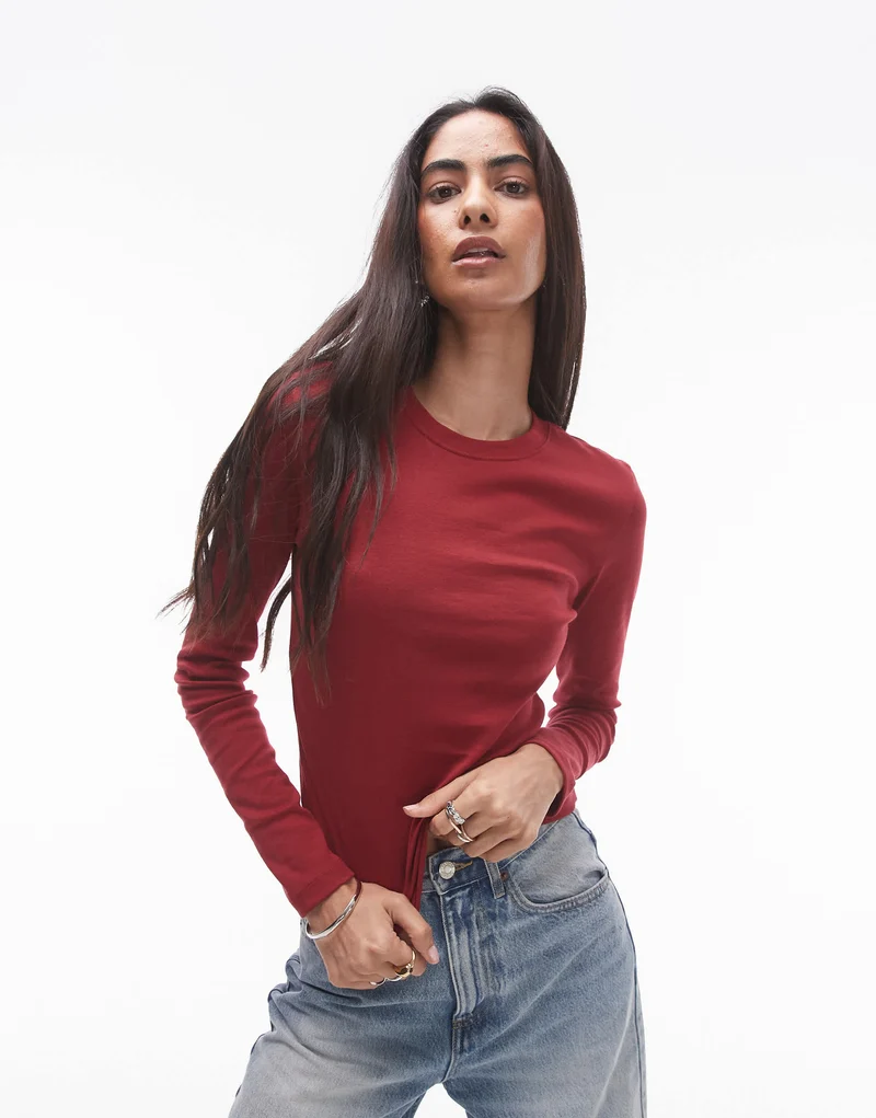 Topshop long sleeve everyday tee in burgundy