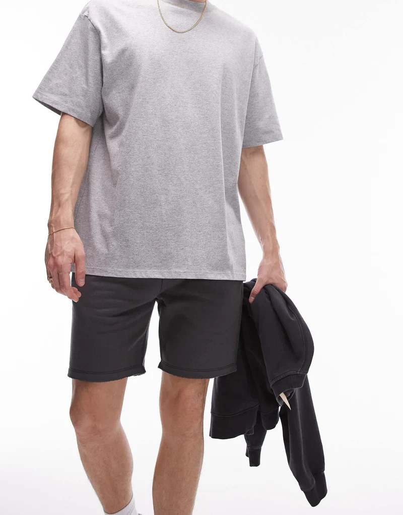 Topman classic fit jersey short with raw hem in charcoal