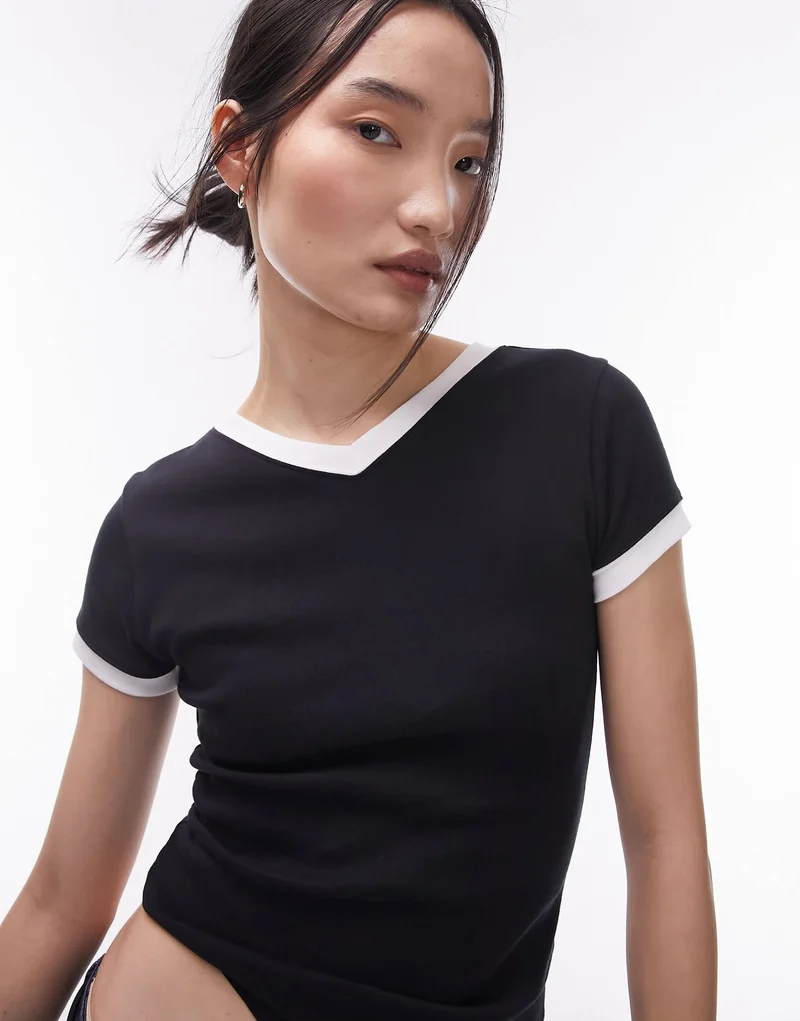 Topshop contrast neck v neck everyday tee in black