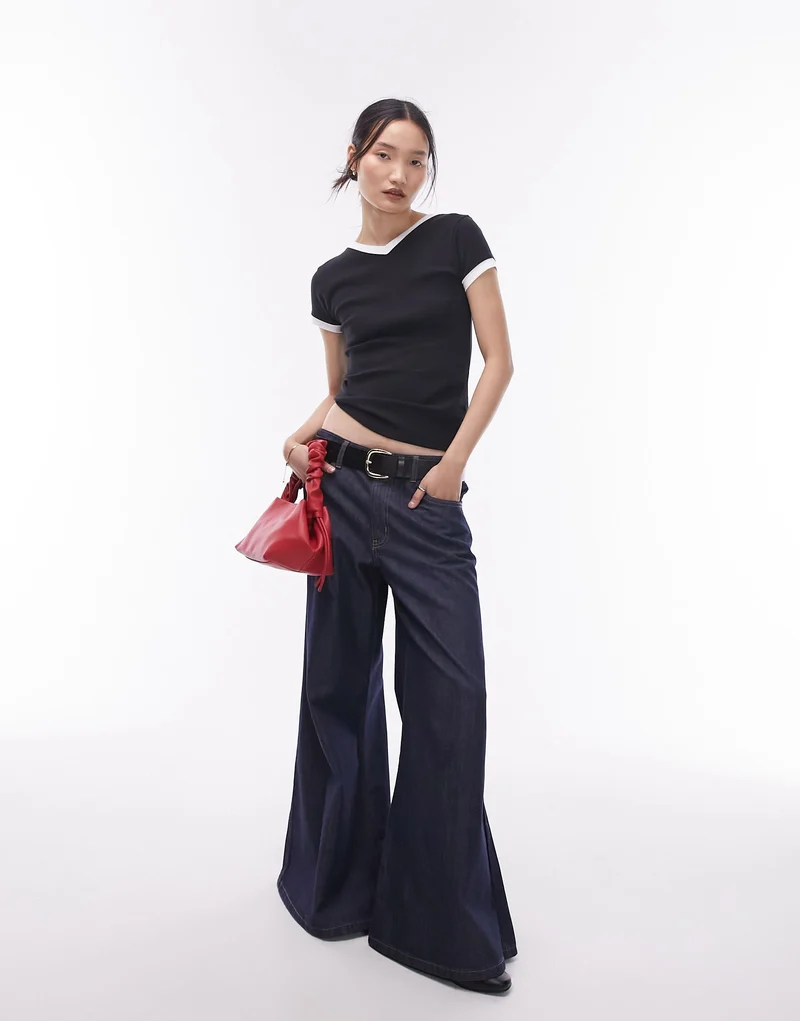 Topshop contrast neck v neck everyday tee in black