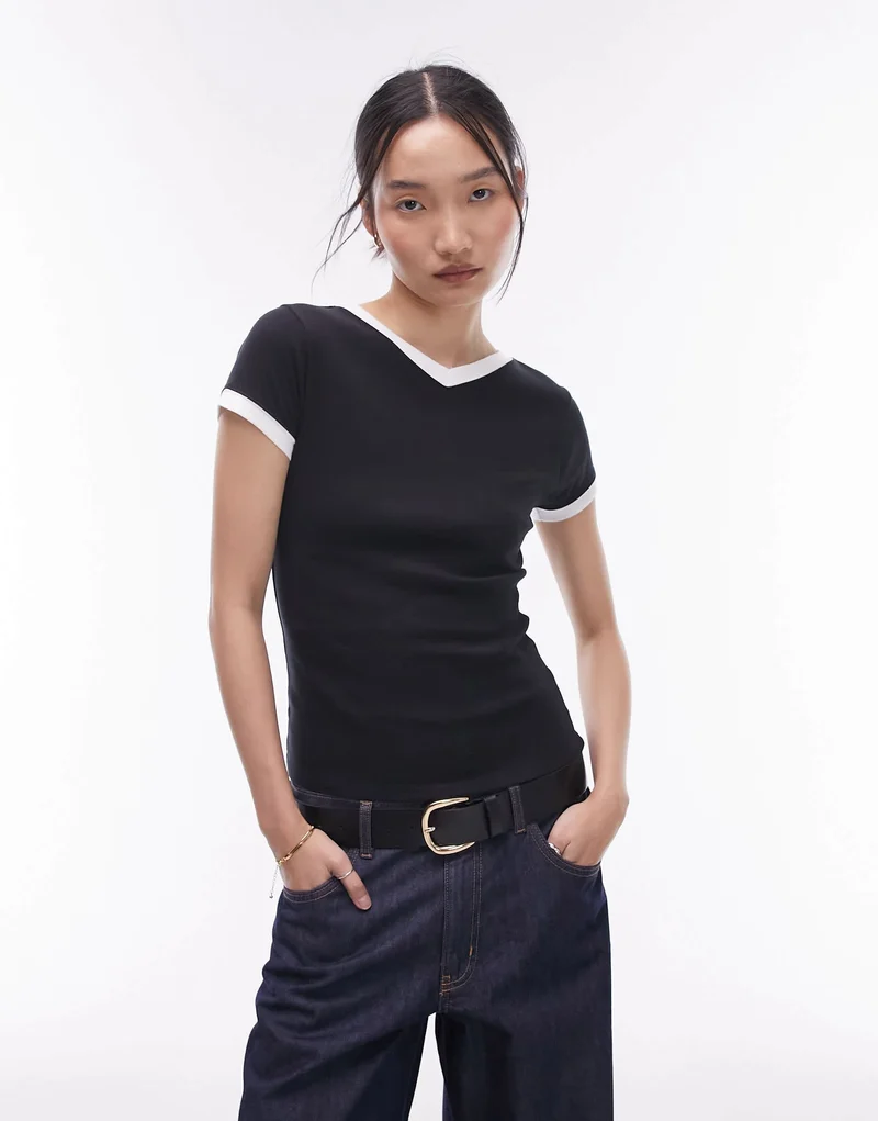 Topshop contrast neck v neck everyday tee in black