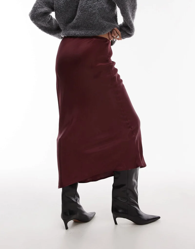 Topshop satin bias midi skirt in burgundy