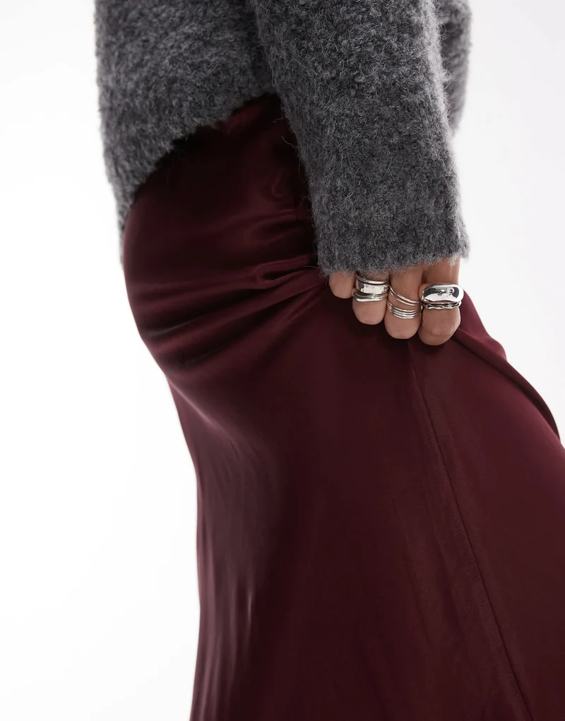 Topshop satin bias midi skirt in burgundy