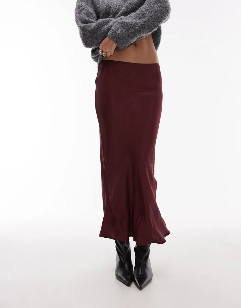Topshop satin bias midi skirt in burgundy