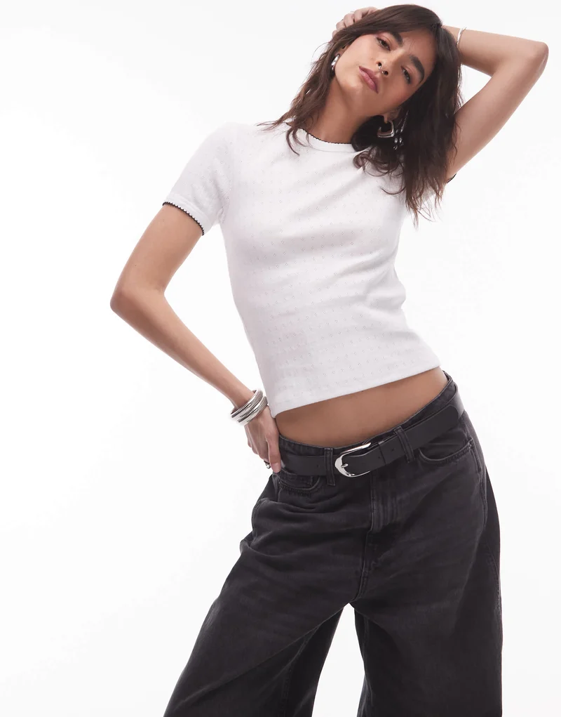 Topshop contrast pointelle longline tee in ivory