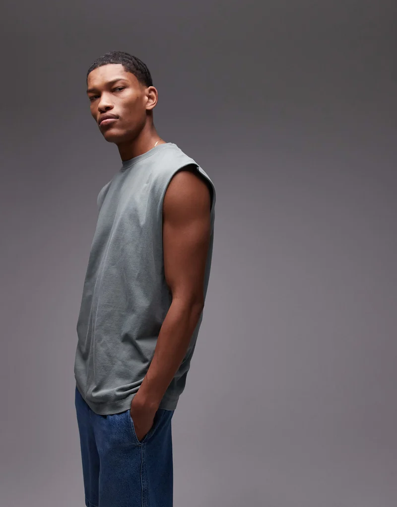 Topman oversized fit sleeveless t-shirt in washed sage