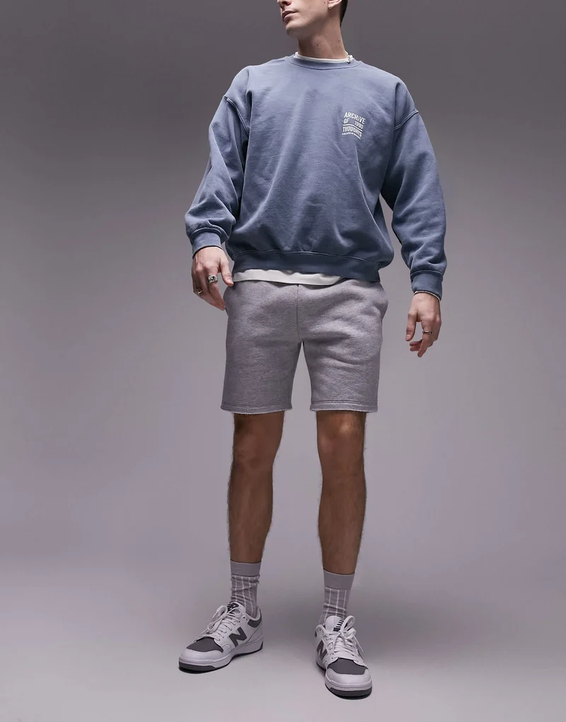 Topman classic fit jersey short with raw hem in grey marl