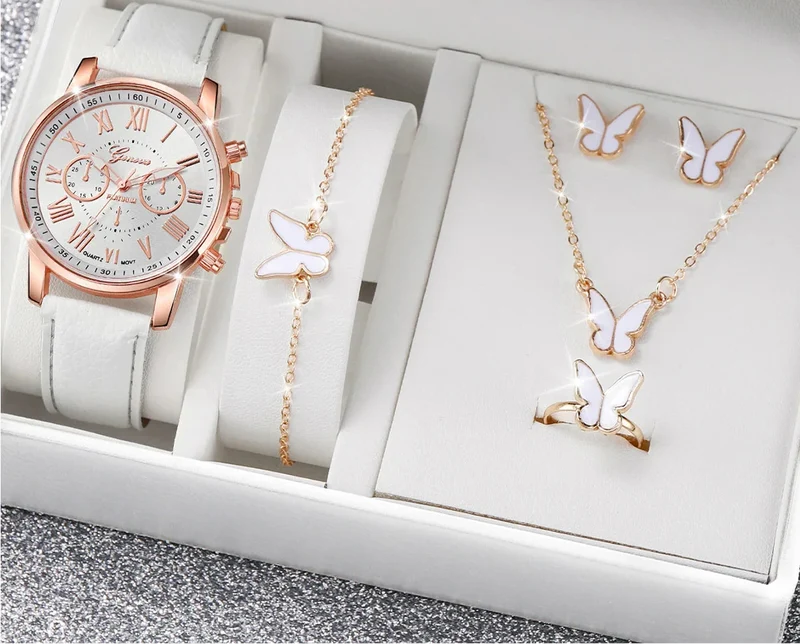 Schmuckset mit analoger Quarzuhr und passendem Zubehör