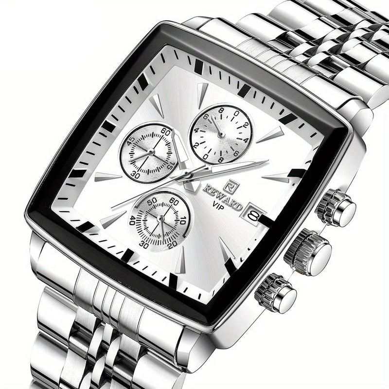 Herren Analoguhr mit rechteckigem Gehäuse und Metallarmband