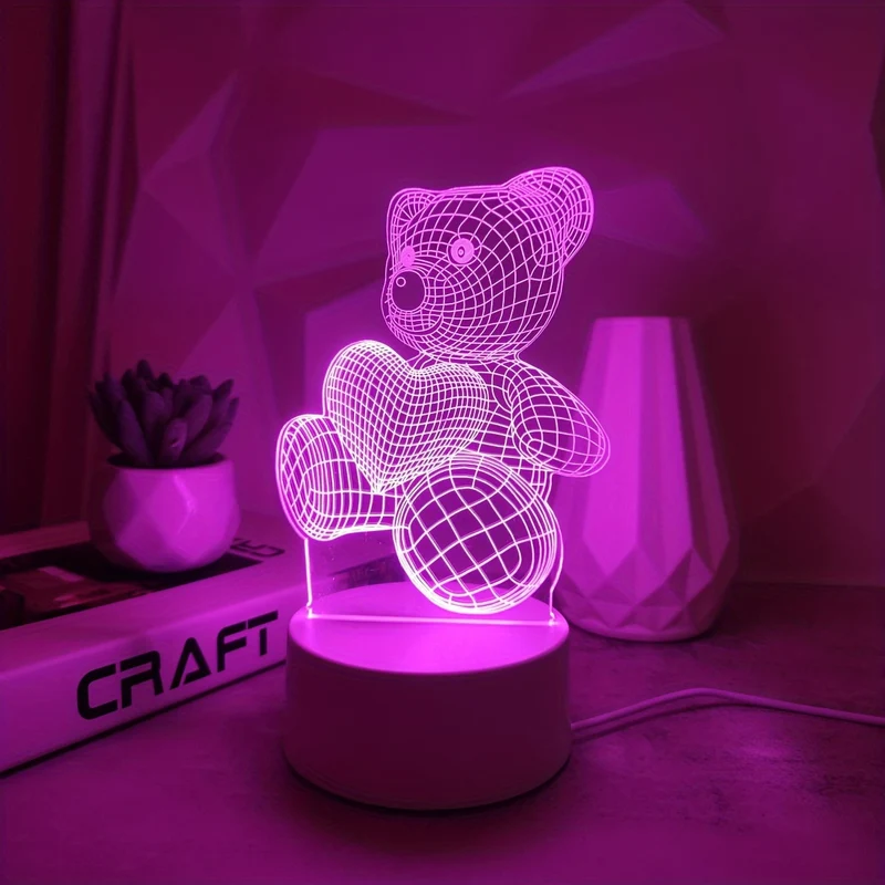 3D Bären-Nachtlicht mit Herzballon in Rosa