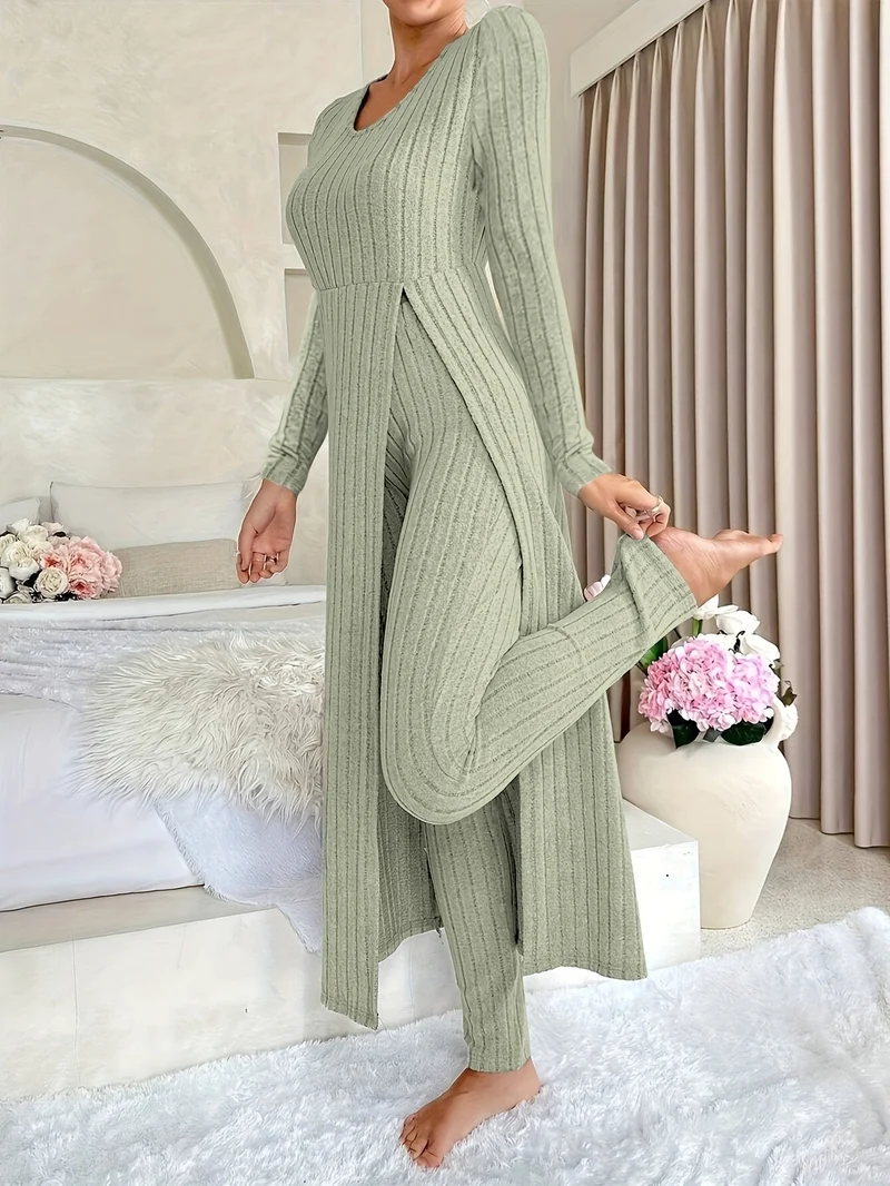 Plaid Zweiteiler – Rundhals-Top mit Schlitz & passende Hose