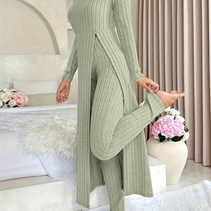 Plaid Zweiteiler – Rundhals-Top mit Schlitz & passende Hose