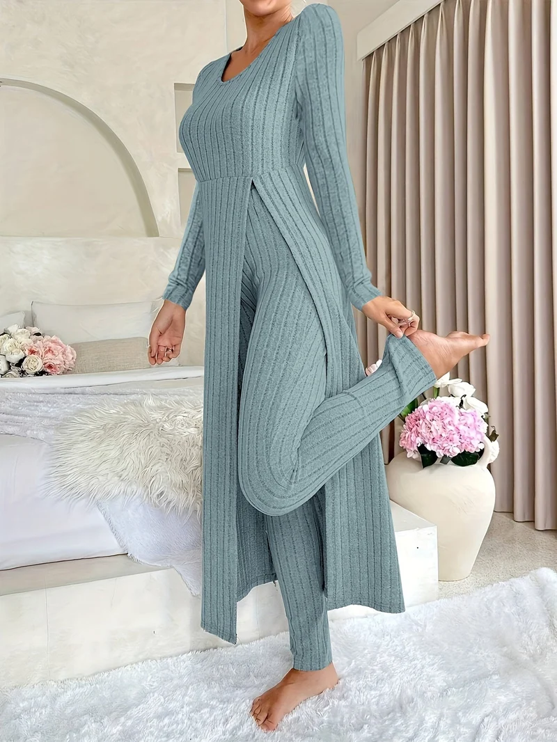 Plaid Zweiteiler – Rundhals-Top mit Schlitz & passende Hose