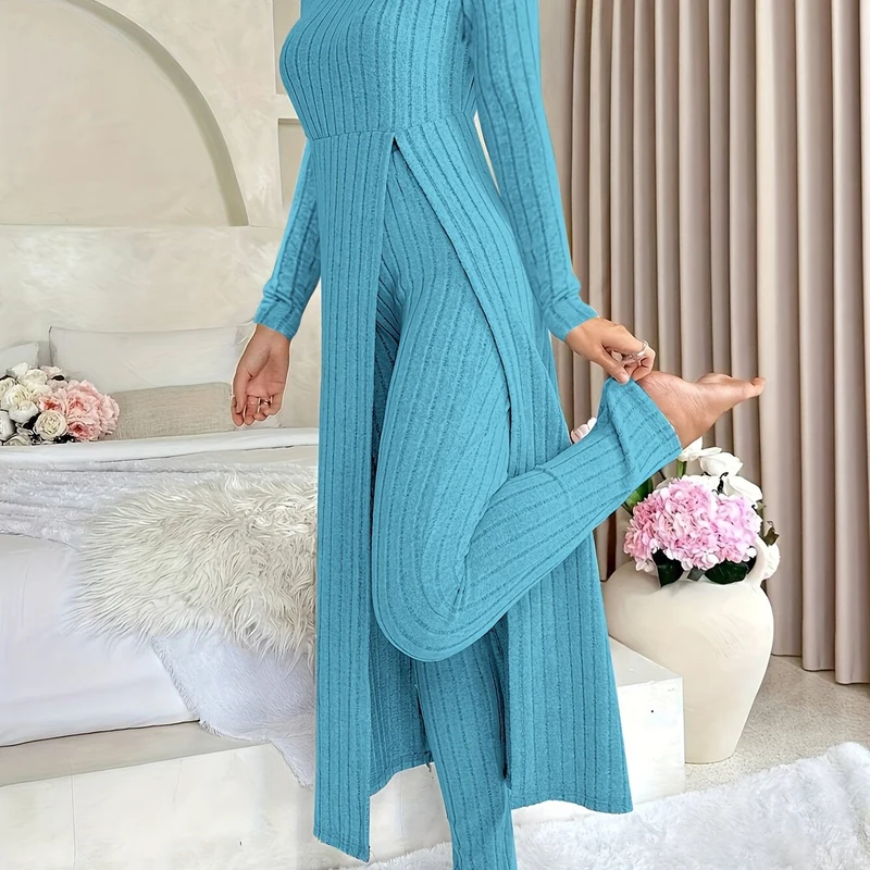 Plaid Zweiteiler – Rundhals-Top mit Schlitz & passende Hose