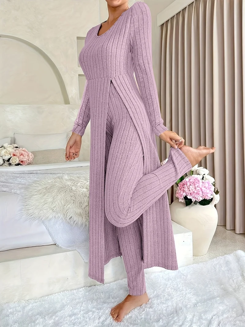 Plaid Zweiteiler – Rundhals-Top mit Schlitz & passende Hose