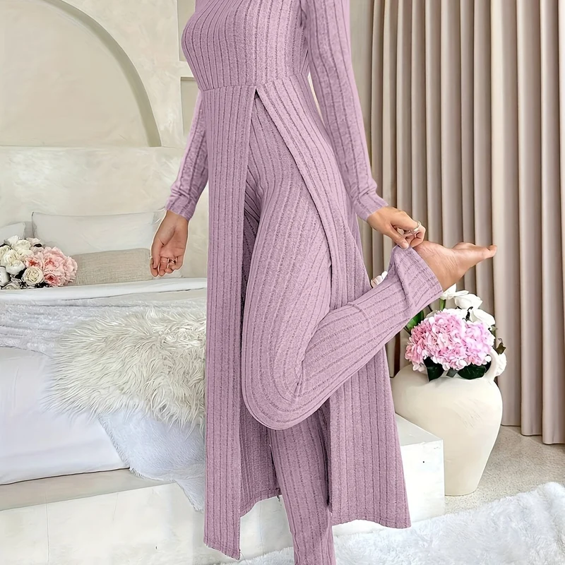 Plaid Zweiteiler – Rundhals-Top mit Schlitz & passende Hose