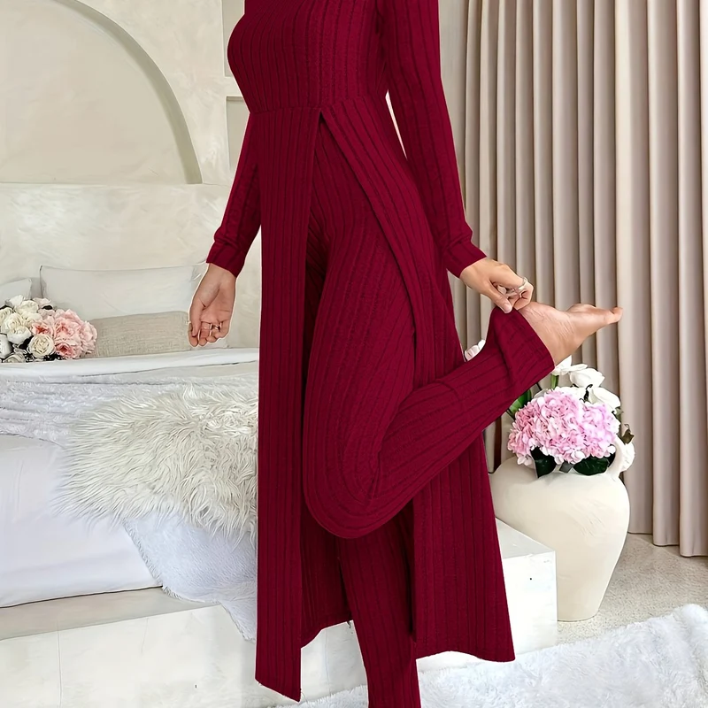 Plaid Zweiteiler – Rundhals-Top mit Schlitz & passende Hose