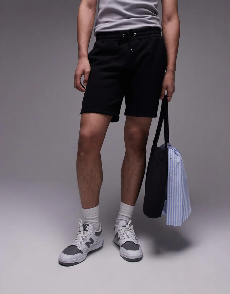 Topman classic fit jersey short with raw hem in black