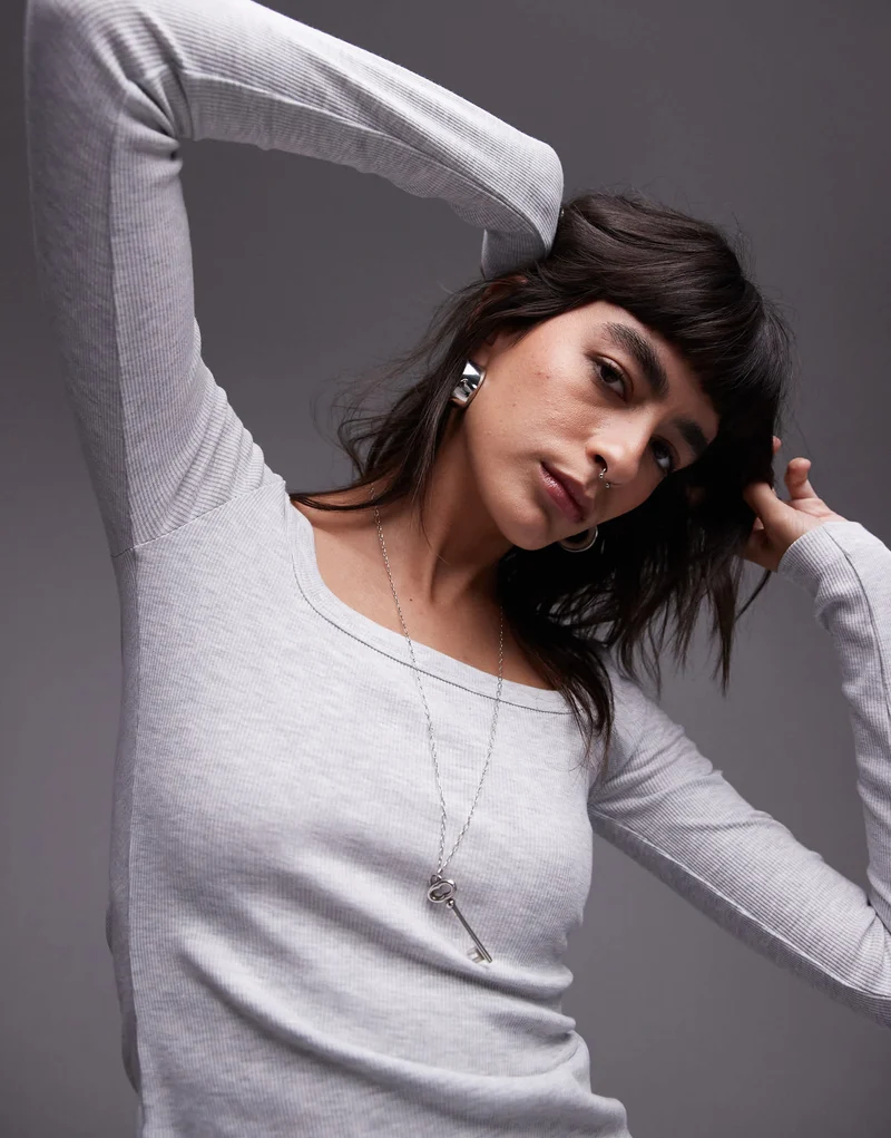 Topshop square neck long sleeve top in grey marl