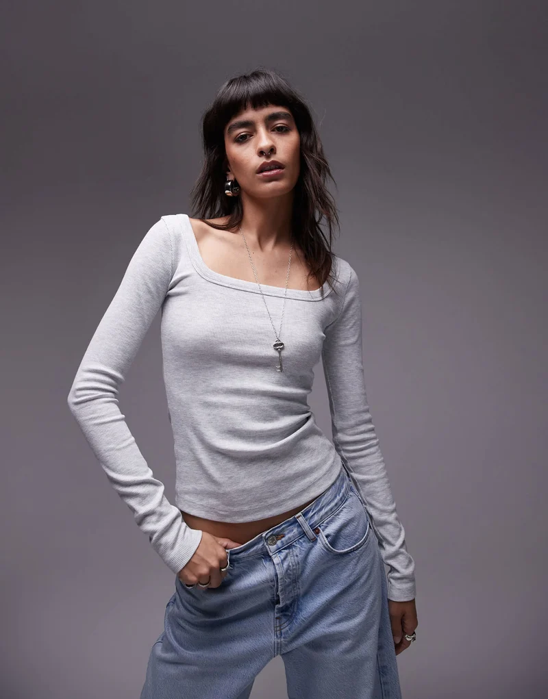 Topshop square neck long sleeve top in grey marl