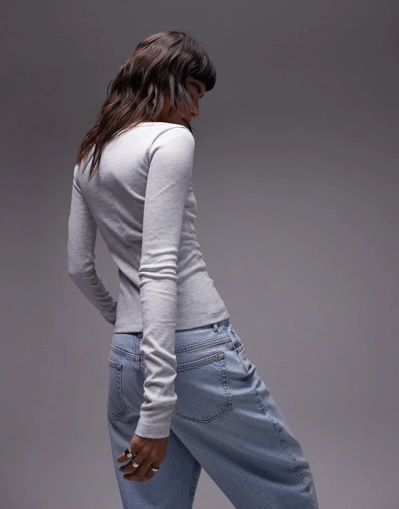 Topshop square neck long sleeve top in grey marl