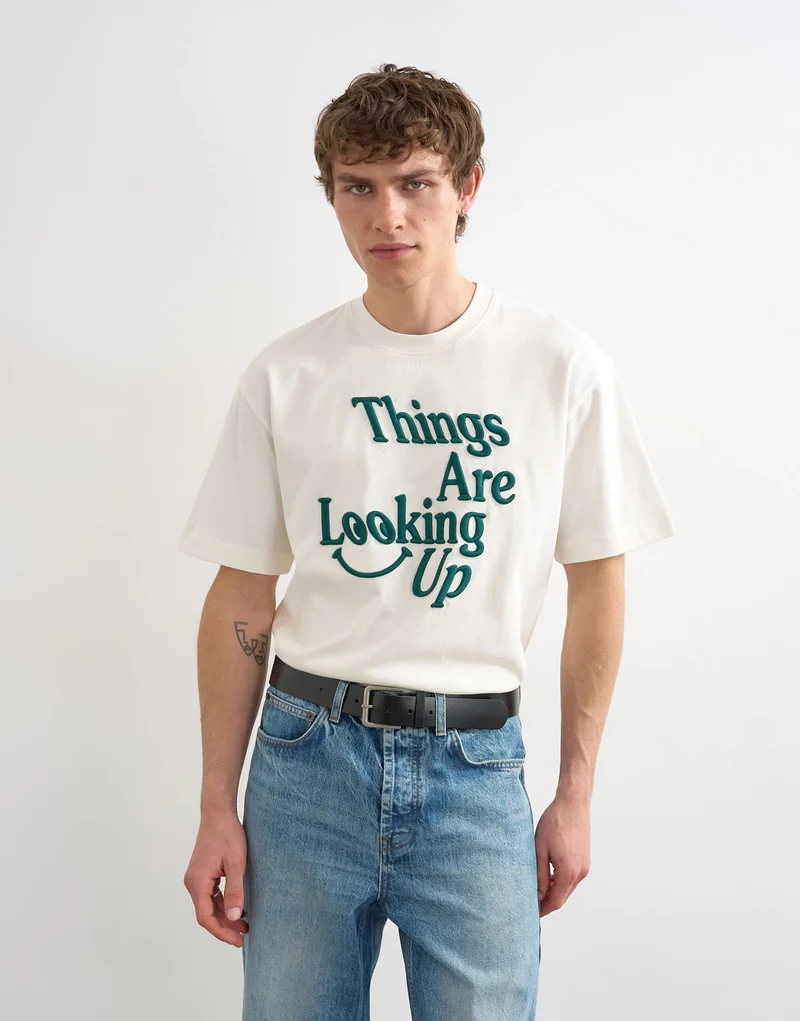 Topman relaxed fit t-shirt with things are looking up embroidery in ecru