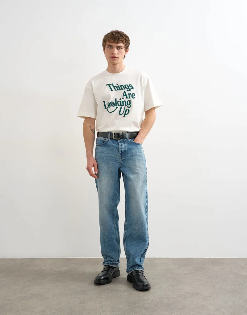 Topman relaxed fit t-shirt with things are looking up embroidery in ecru