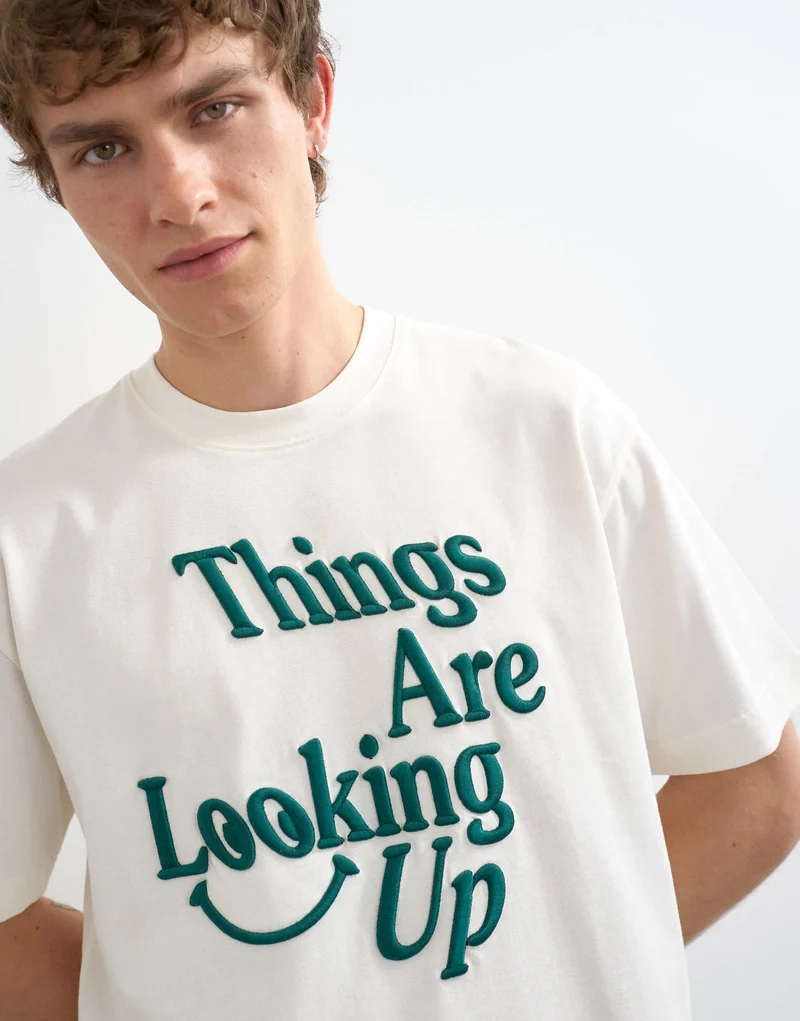 Topman relaxed fit t-shirt with things are looking up embroidery in ecru
