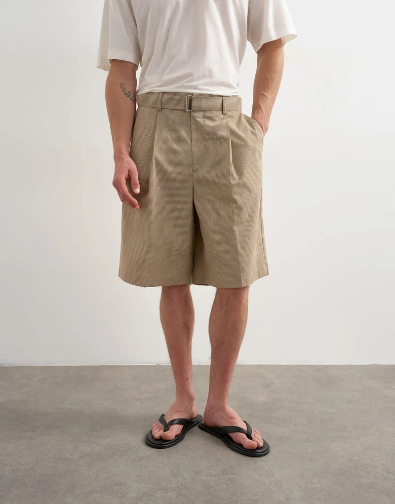 Topman wide leg belted check short in neutral