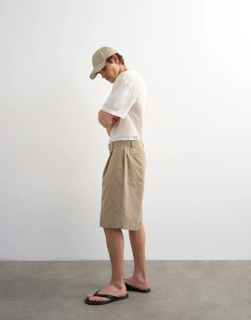 Topman wide leg belted check short in neutral