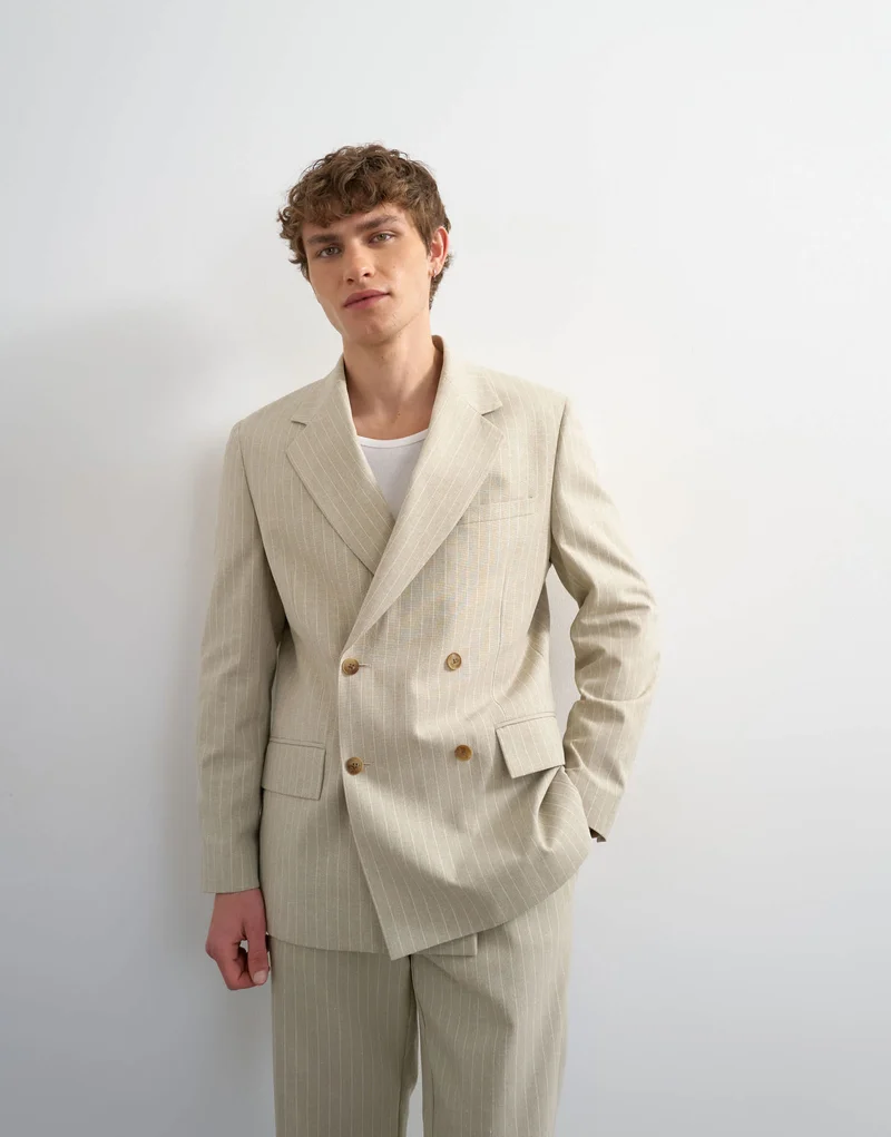 Topman relaxed fit double breasted stripe blazer in stone